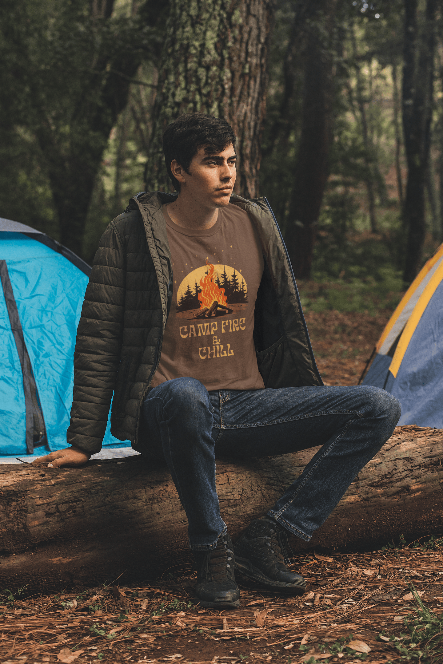 Camp Fire & Chill T-Shirt – Camping Beer Lover Tee for Outdoor Nights & Cozy Vibes