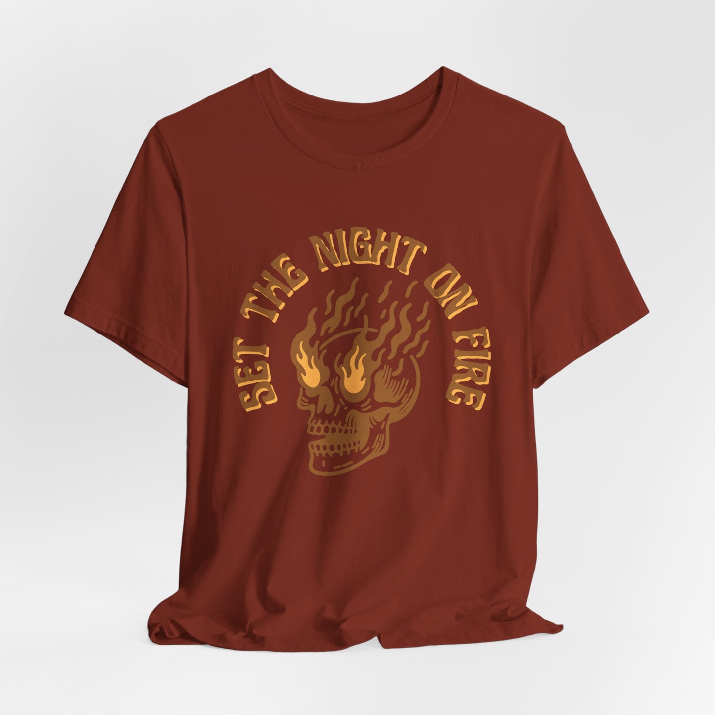 Set the Night on Fire Tee – Vintage Skull Flame Shirt, Unisex Streetwear