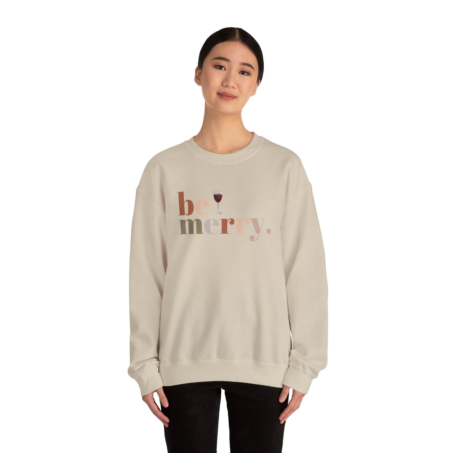 Be Merry Wine Sweatshirt – Cozy Christmas Wine Lover Crewneck, Festive Holiday Sweater for Women & Men