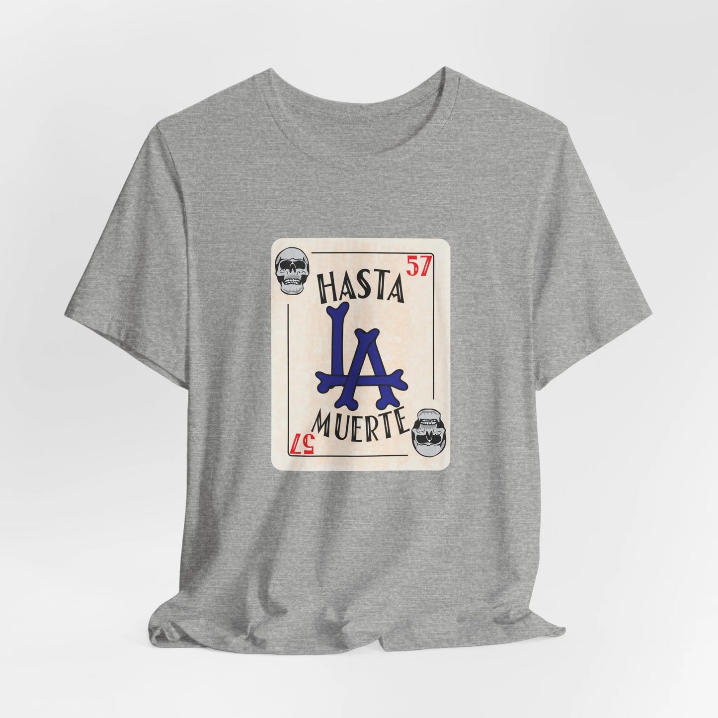 Hasta LA Muerte Tee – Dodgers 1957 Skull Card Graphic Shirt (Unisex Fit) Printify