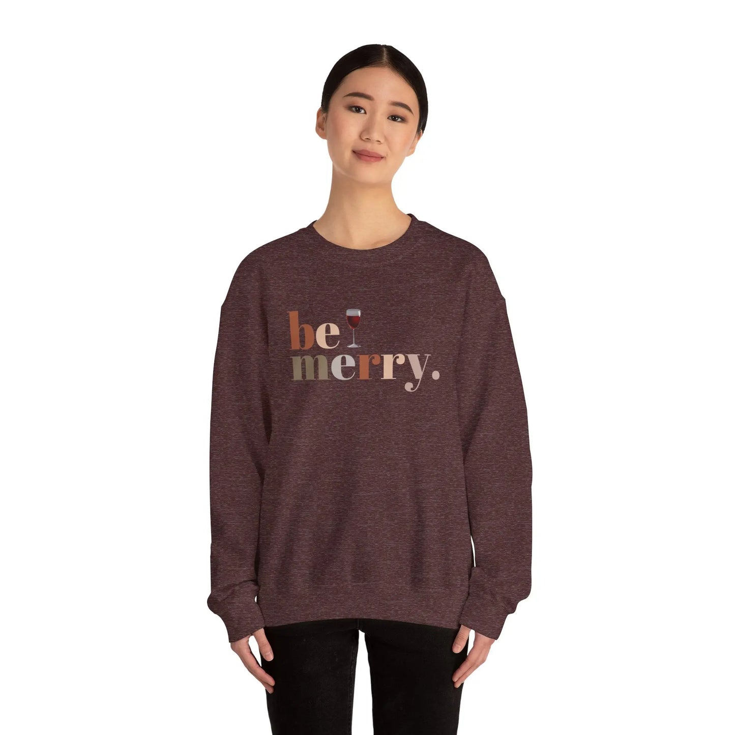 Be Merry Wine Sweatshirt, Funny Christmas Wine Lover Sweater, Holiday Crewneck for Women, Unisex Festive Apparel, Cozy Gift Idea Printify