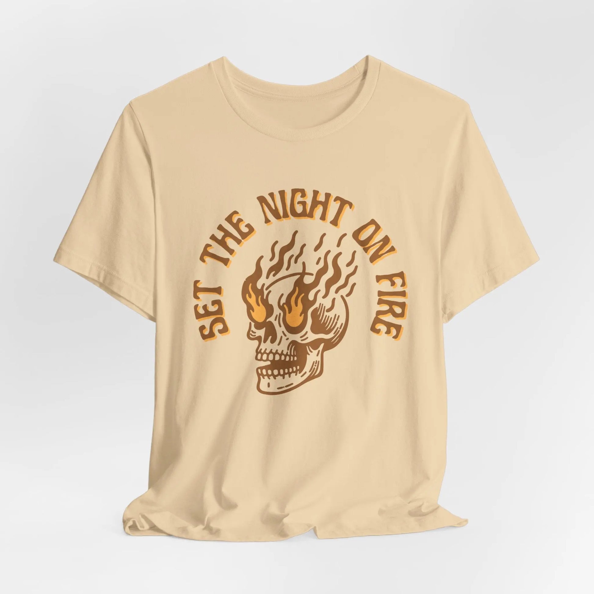 Set the Night on Fire Skull T-Shirt, Vintage Skull and Flame Graphic Tee, Unisex Retro Rock & Roll Style, Urban Streetwear for Men and Women Printify