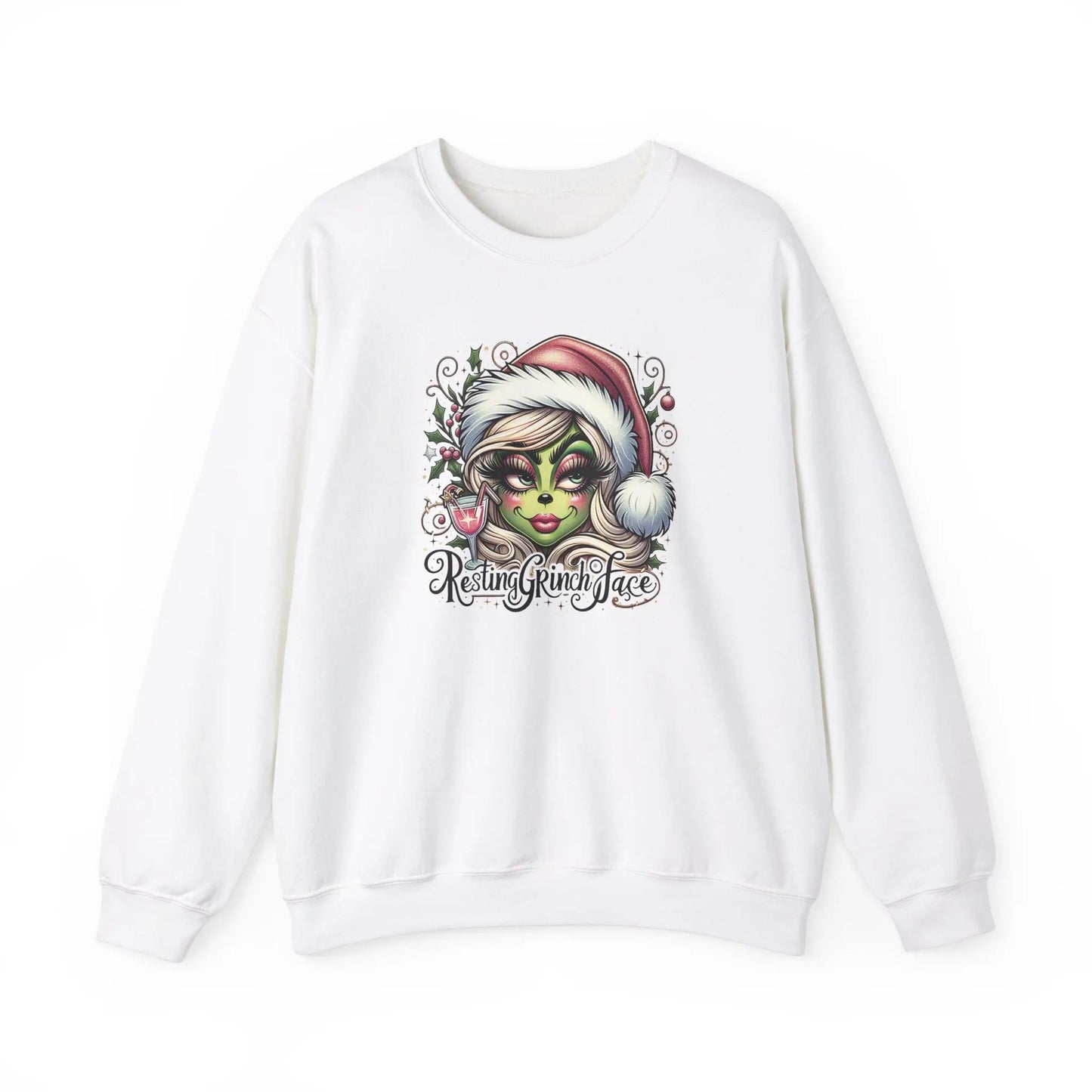 Resting Grinch Face Sweatshirt, Funny Christmas Sweater for Women, Cozy Gildan 18000 Crewneck, Holiday Gift, Festive Winter Apparel Printify