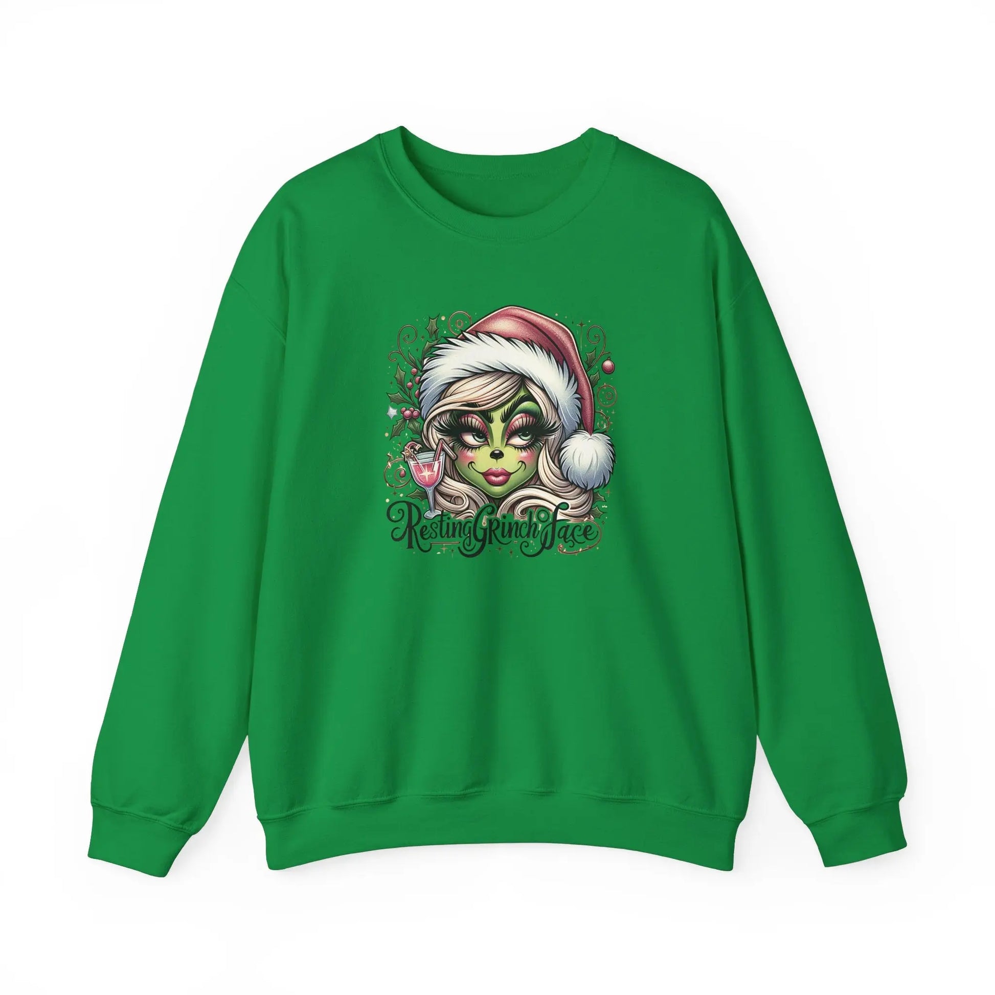 Resting Grinch Face Sweatshirt, Funny Christmas Sweater for Women, Cozy Gildan 18000 Crewneck, Holiday Gift, Festive Winter Apparel Printify