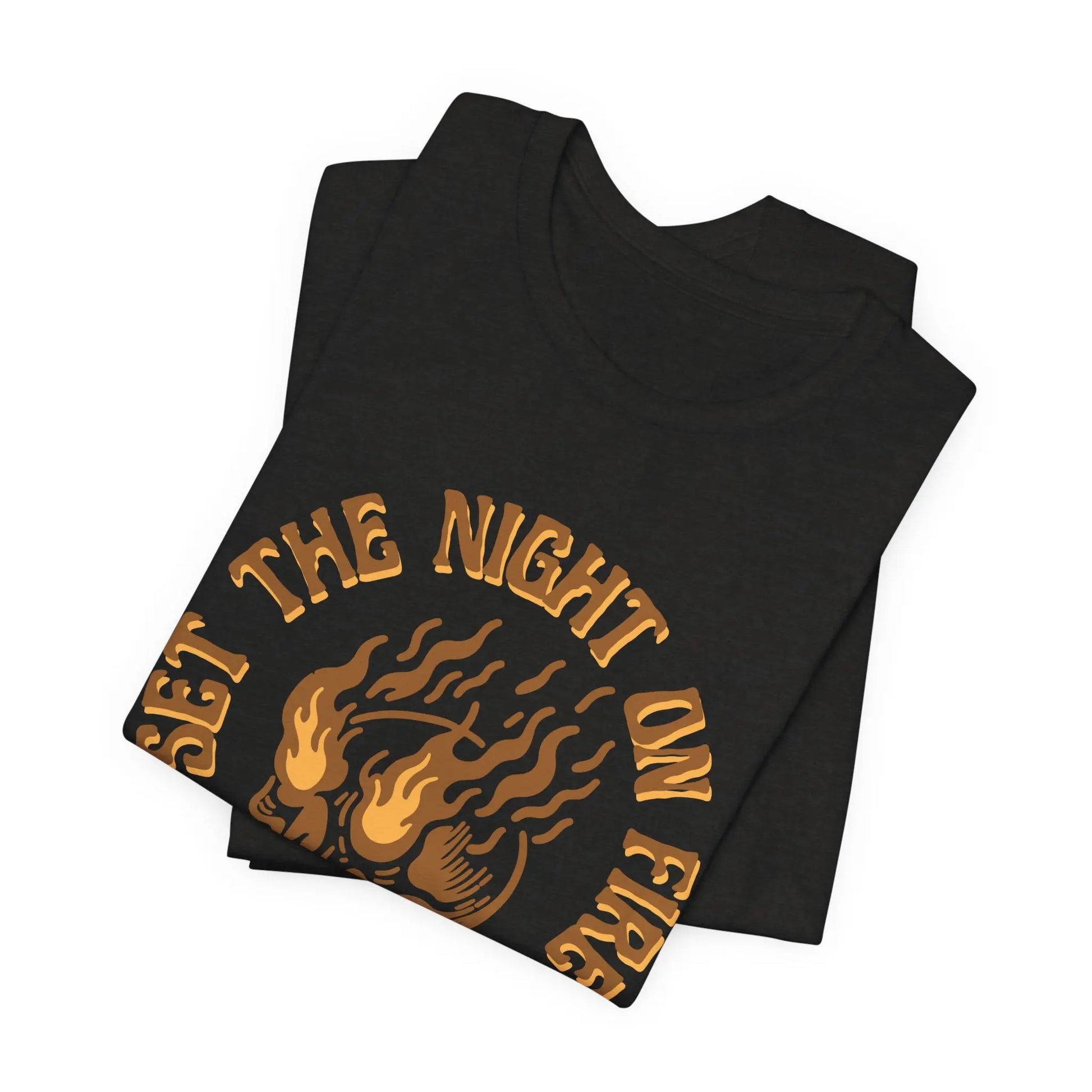 Set the Night on Fire Skull T-Shirt, Vintage Skull and Flame Graphic Tee, Unisex Retro Rock & Roll Style, Urban Streetwear for Men and Women Printify