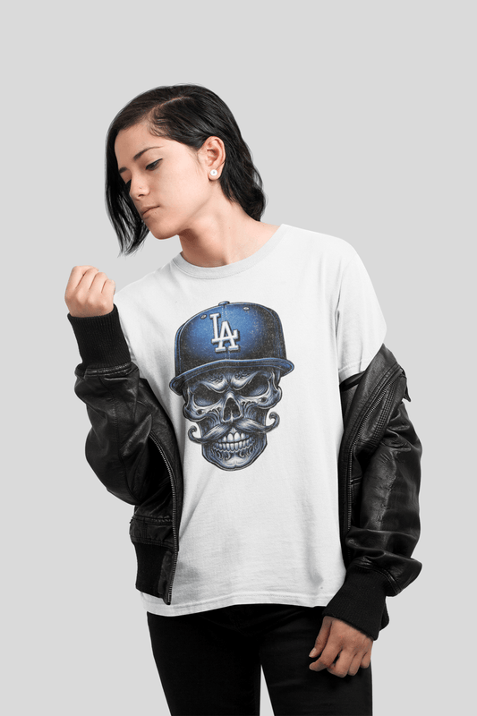 LA Skull Baseball Tee – Urban Street Style Skeleton Graphic Shirt for Los Angeles Fans