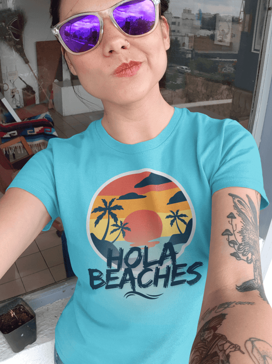 Hola Beaches Tee – Retro Sunset Beach Shirt for Summer, Vacation & Coastal Vibes