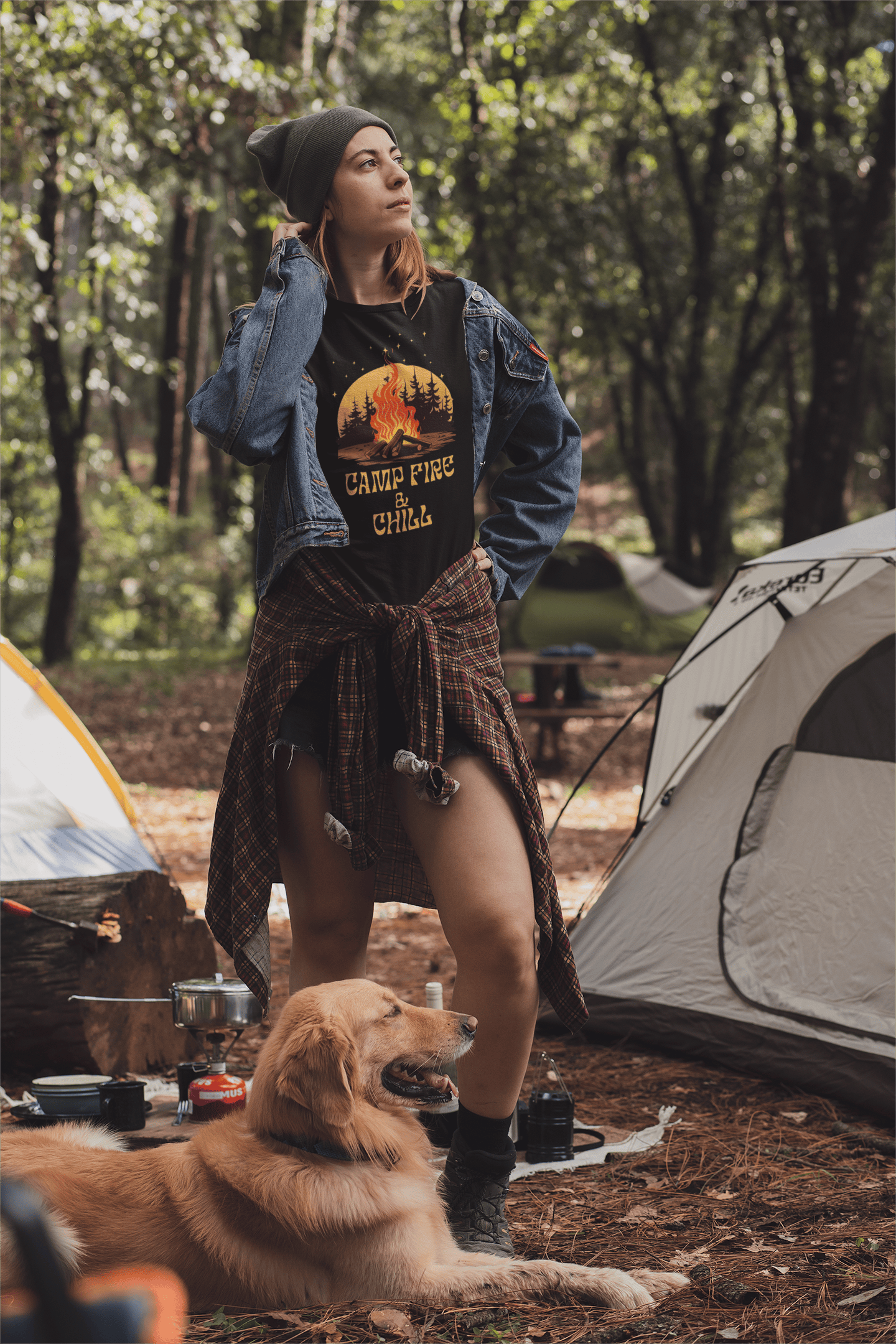 Camp Fire & Chill T-Shirt – Camping Beer Lover Tee for Outdoor Nights & Cozy Vibes