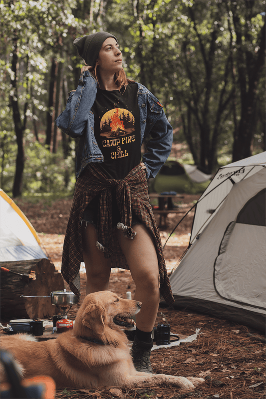 Camp Fire & Chill T-Shirt – Camping Beer Lover Tee for Outdoor Nights & Cozy Vibes