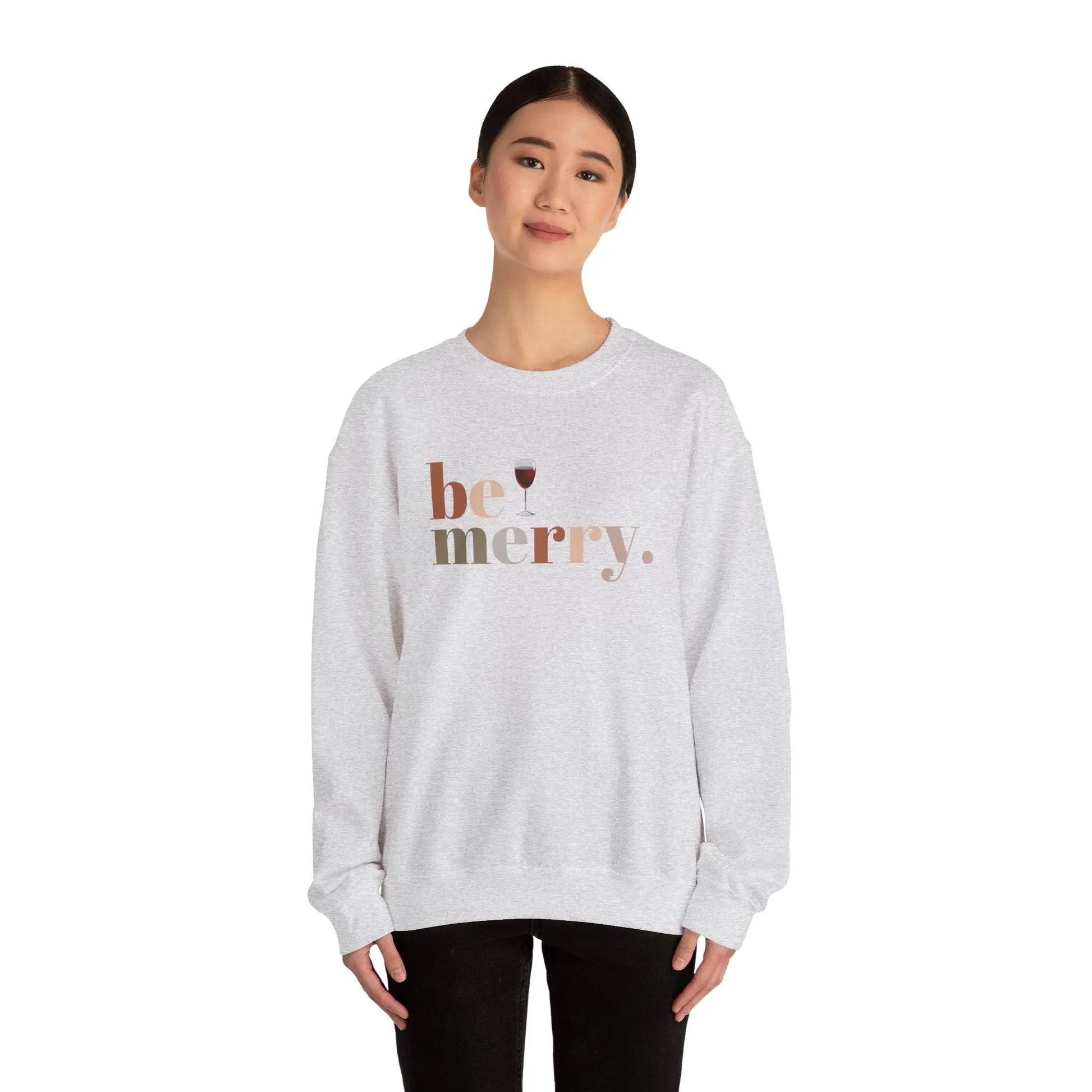 Be Merry Wine Sweatshirt, Funny Christmas Wine Lover Sweater, Holiday Crewneck for Women, Unisex Festive Apparel, Cozy Gift Idea Printify