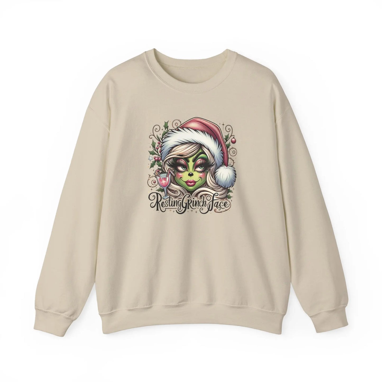 Resting Grinch Face Sweatshirt, Funny Christmas Sweater for Women, Cozy Gildan 18000 Crewneck, Holiday Gift, Festive Winter Apparel Printify