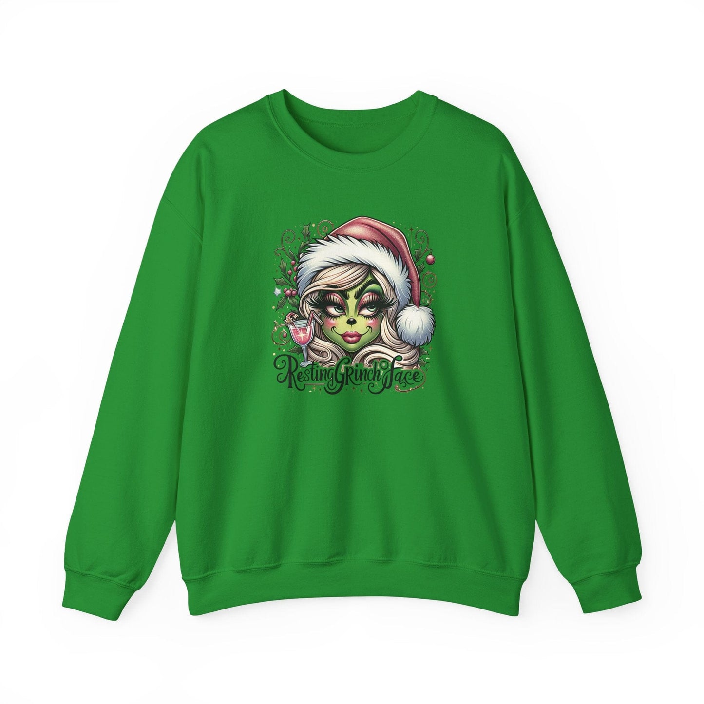 Resting Grinch Face Christmas Sweatshirt – Funny Holiday Crewneck for Women (Cozy Gildan 18000 Winter Pullover)