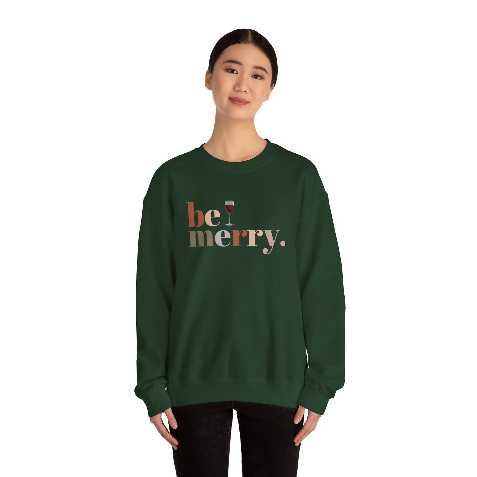 Be Merry Wine Sweatshirt, Funny Christmas Wine Lover Sweater, Holiday Crewneck for Women, Unisex Festive Apparel, Cozy Gift Idea Printify