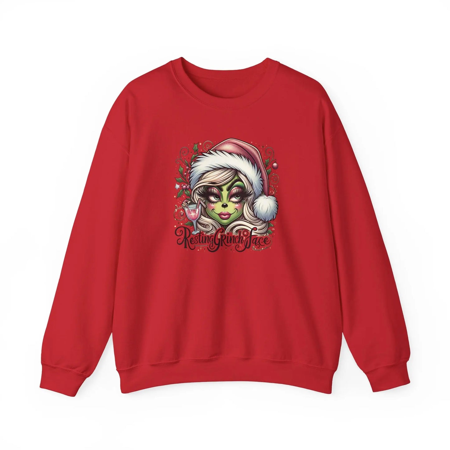 Resting Grinch Face Sweatshirt, Funny Christmas Sweater for Women, Cozy Gildan 18000 Crewneck, Holiday Gift, Festive Winter Apparel Printify