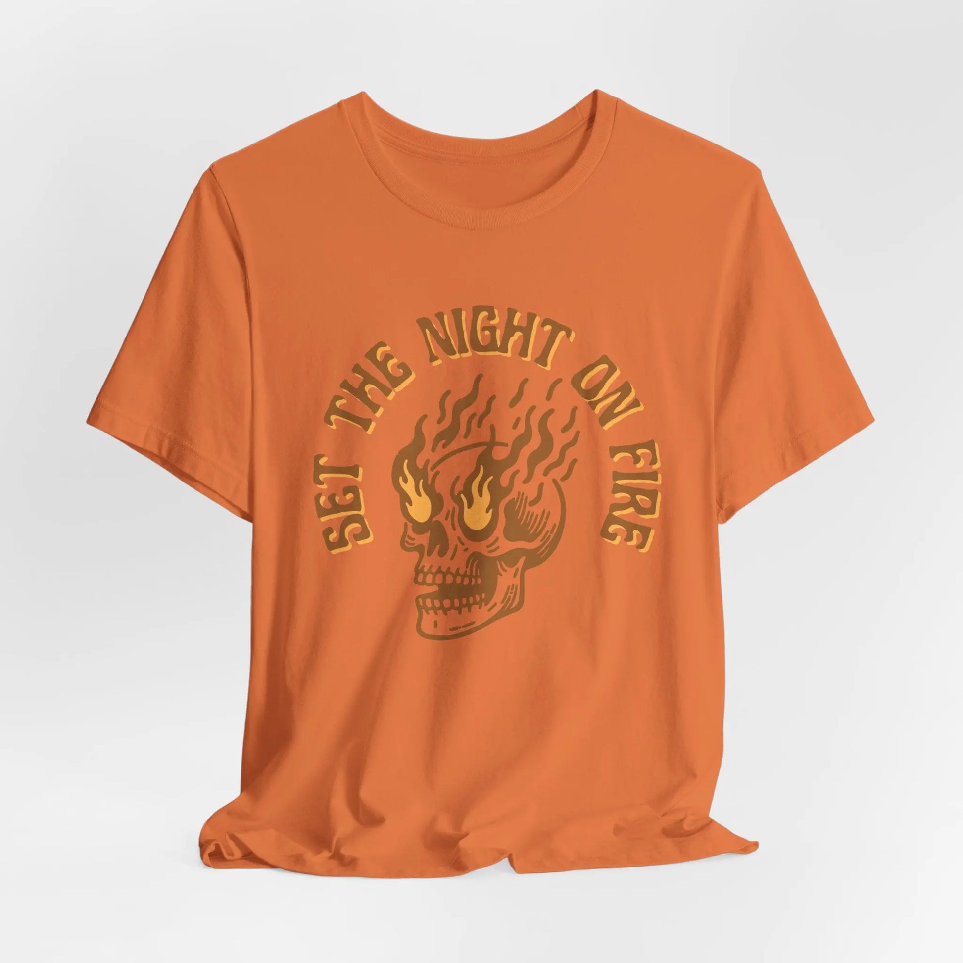 Set the Night on Fire Skull T-Shirt, Vintage Skull and Flame Graphic Tee, Unisex Retro Rock & Roll Style, Urban Streetwear for Men and Women Printify